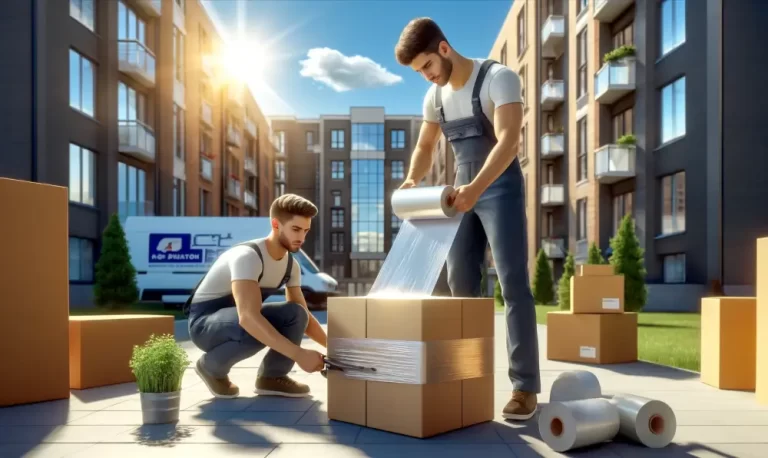 A team of packers and movers in Jayanagar wrapping a box with plastic wrap